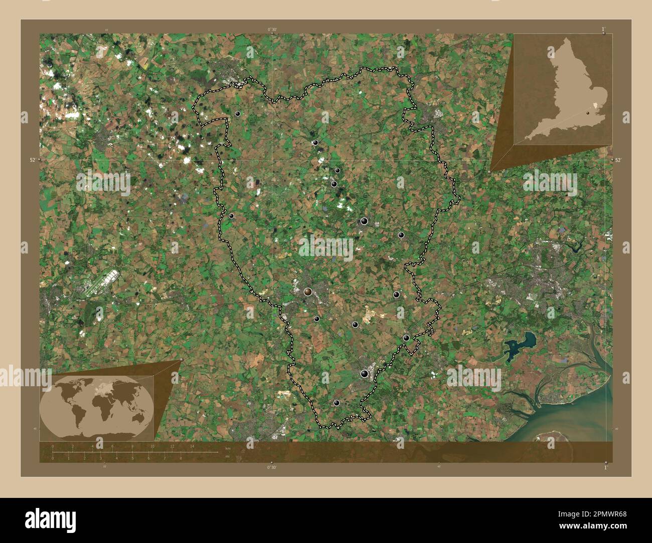 Braintree, non metropolitan district of England - Great Britain. Low resolution satellite map. Locations of major cities of the region. Corner auxilia Stock Photo