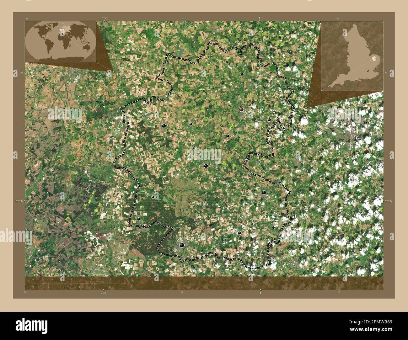 Breckland, non metropolitan district of England - Great Britain. Low resolution satellite map. Locations of major cities of the region. Corner auxilia Stock Photo