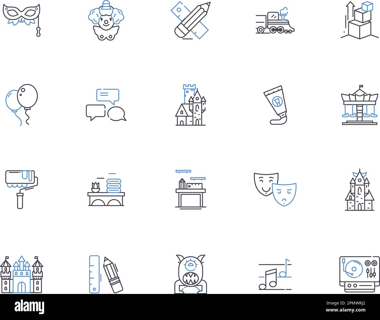 visual art outline icons collection. Painting, Drawing, Sculpture, Printmaking, Collage, Photography, Mixed-Media vector and illustration concept set Stock Vector