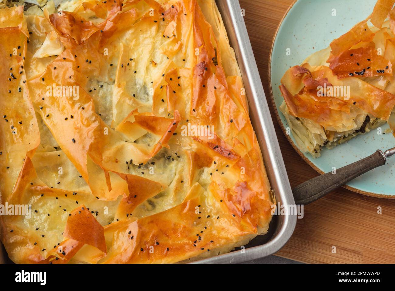 Spinach and feta pie in filo pastry. Crispy spinach feta cheese phyllo