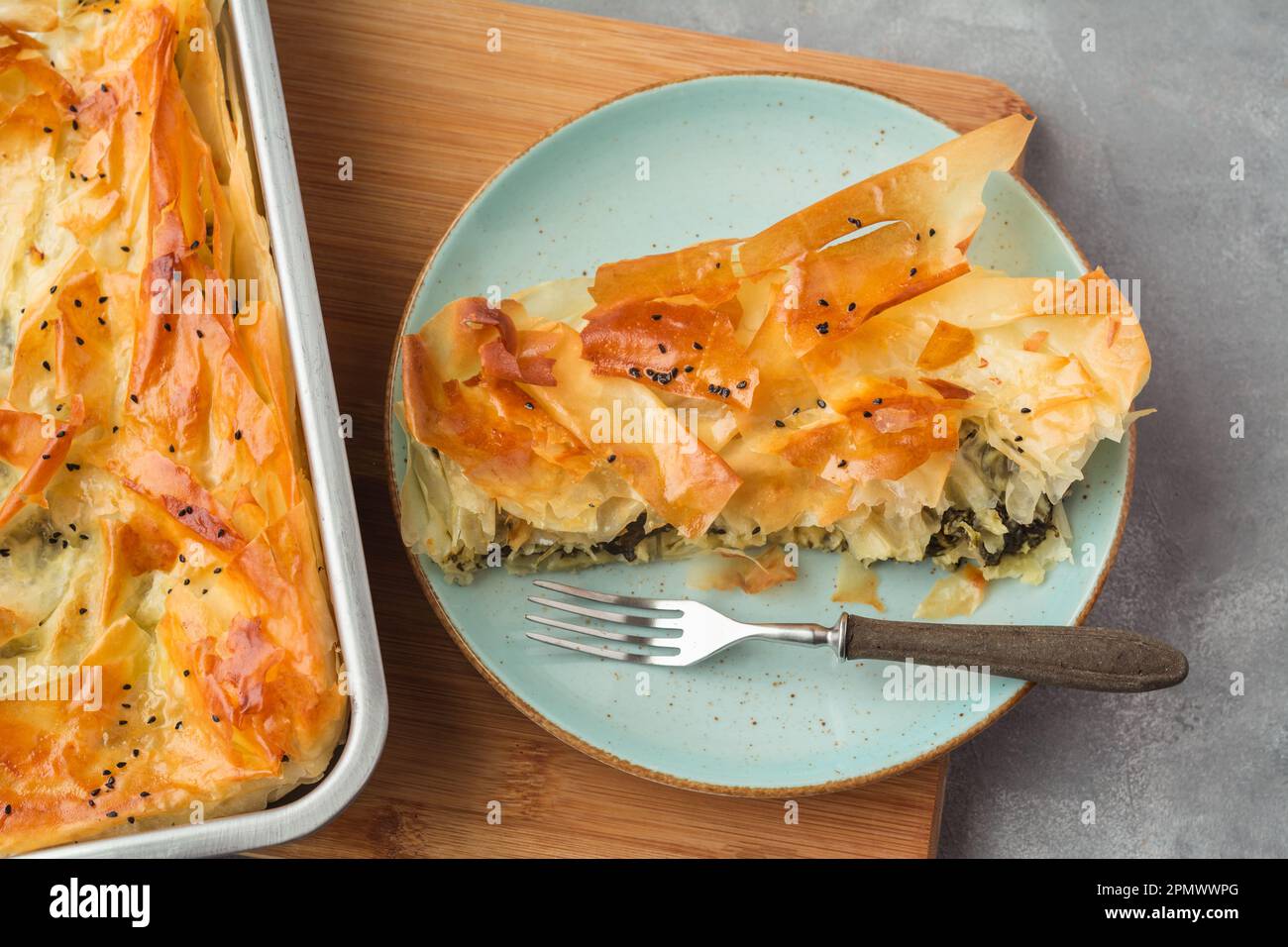 Spinach and feta pie in filo pastry. Crispy spinach feta cheese phyllo
