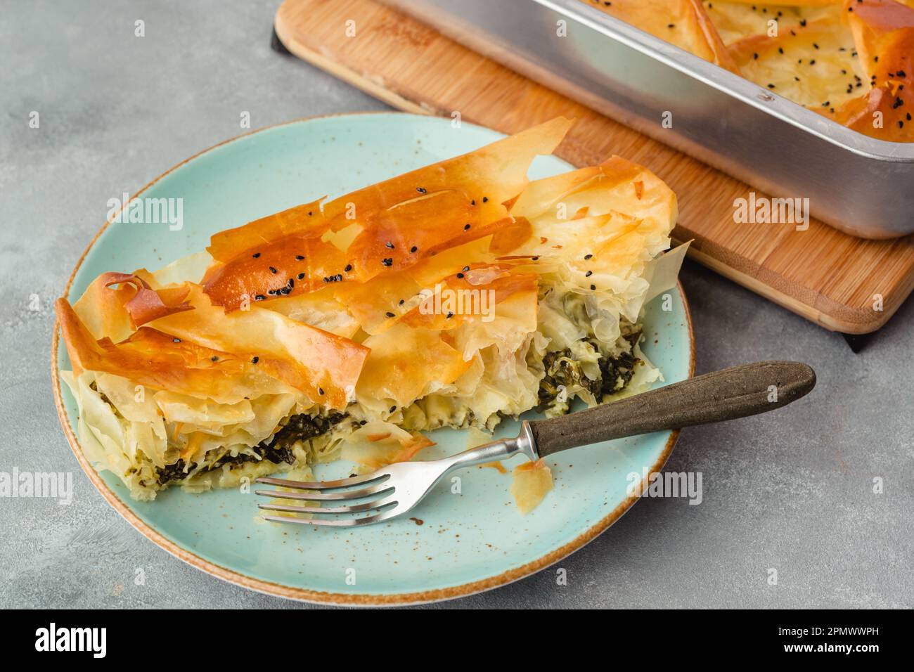 Spinach and feta pie in filo pastry. Crispy spinach feta cheese phyllo