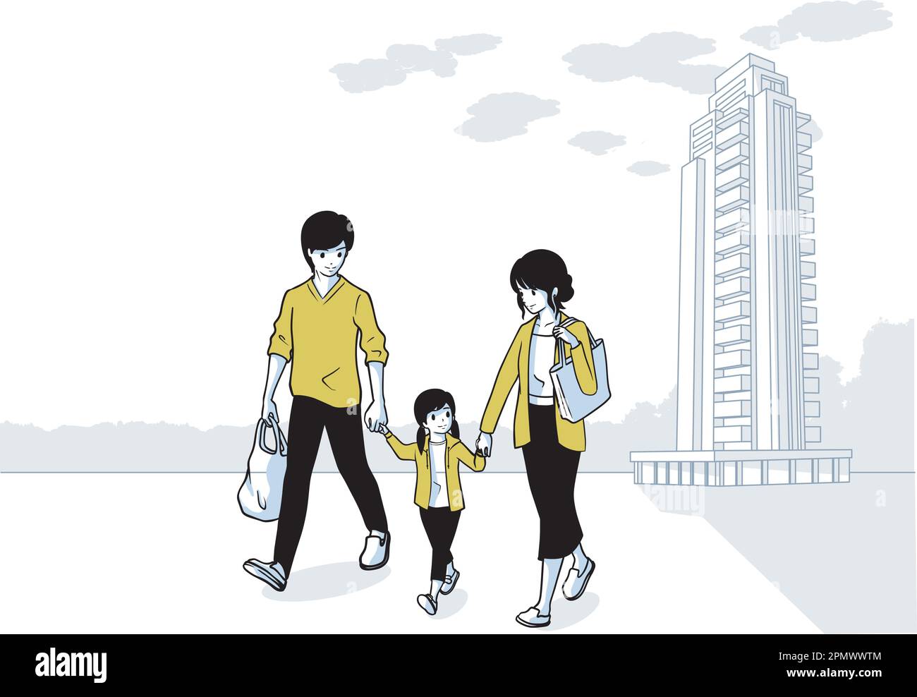 Picture of Parents holding hands with their daughter walking with a tower ...