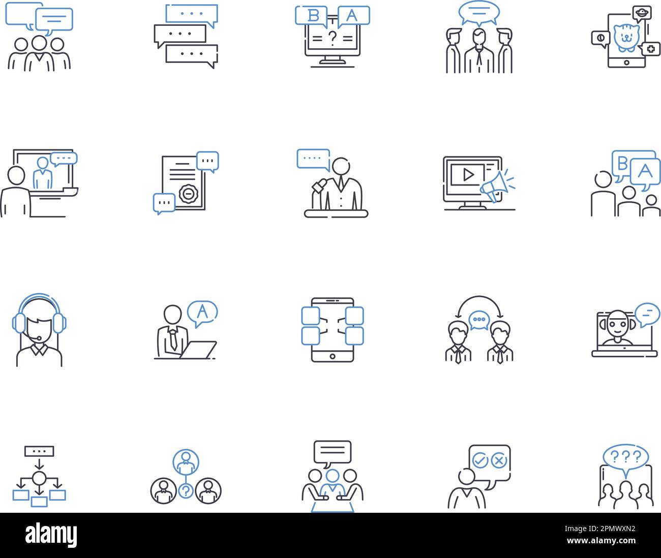 Speech outline icons collection. Speaking, Oratory, Reciting, Rhetoric, Elocution, Pronunciation, Vocalizing vector and illustration concept set Stock Vector