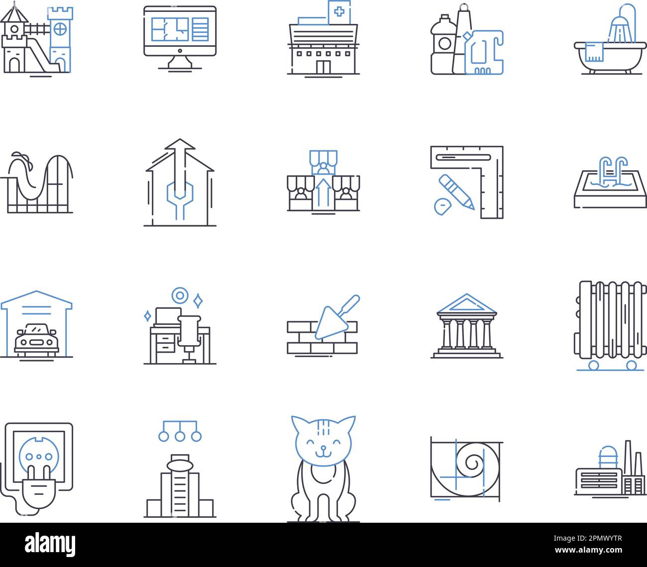 Houses and household outline icons collection. House, Household, Home, Dwelling, Residence, Abode, Villa vector and illustration concept set. Cottage Stock Vector