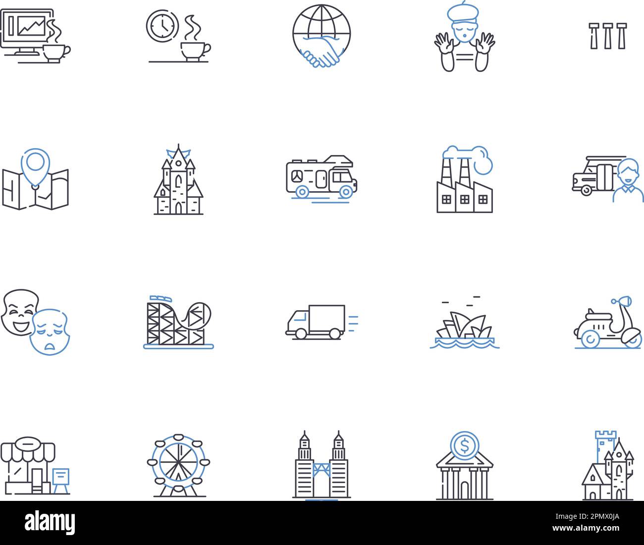 City outline icons collection. Town, Metropolis, Urban, Municipality, Settlement, Population, Isolated vector and illustration concept set. Community Stock Vector