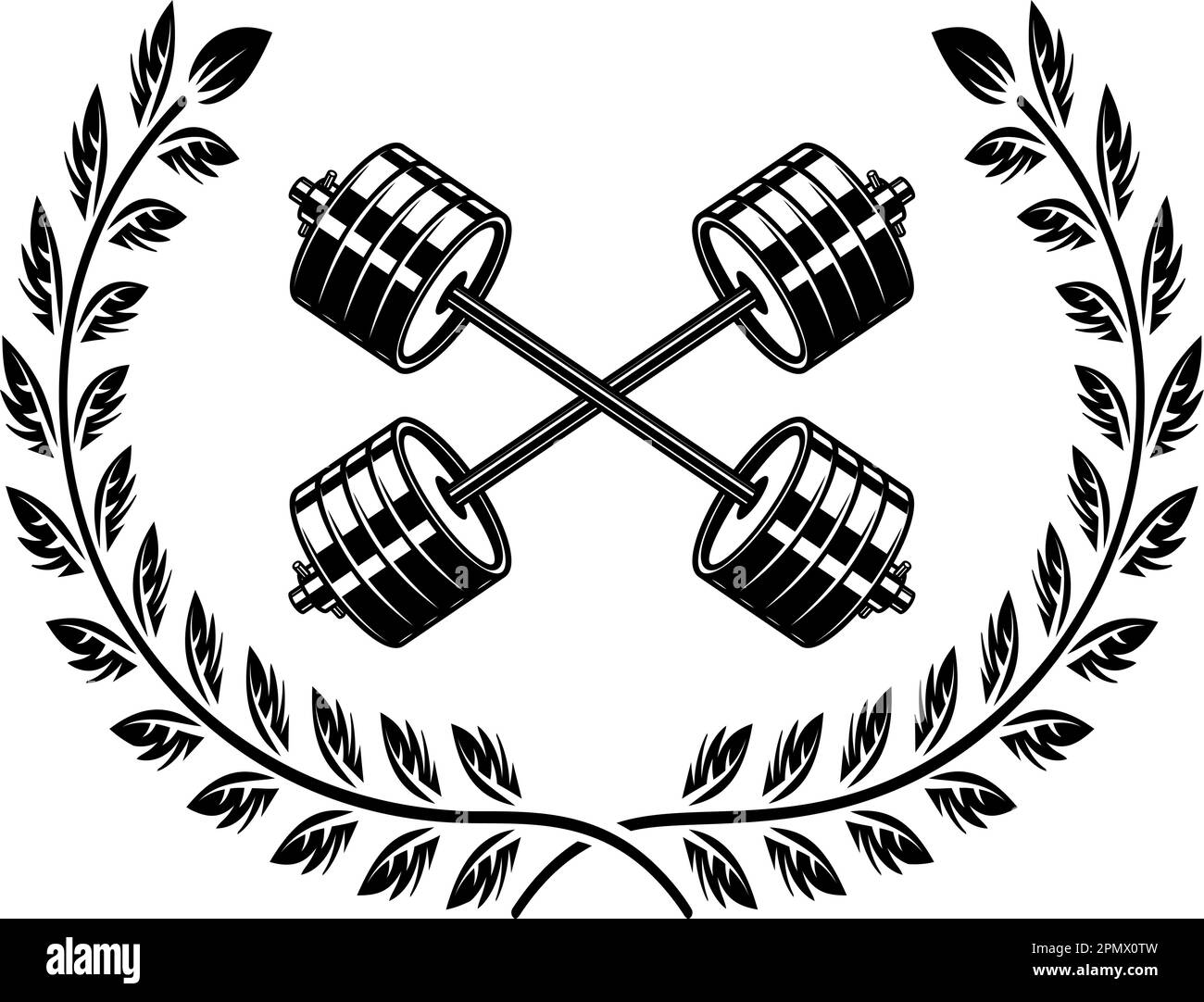 Emblem template with crossed barbells and wreath. Design element for