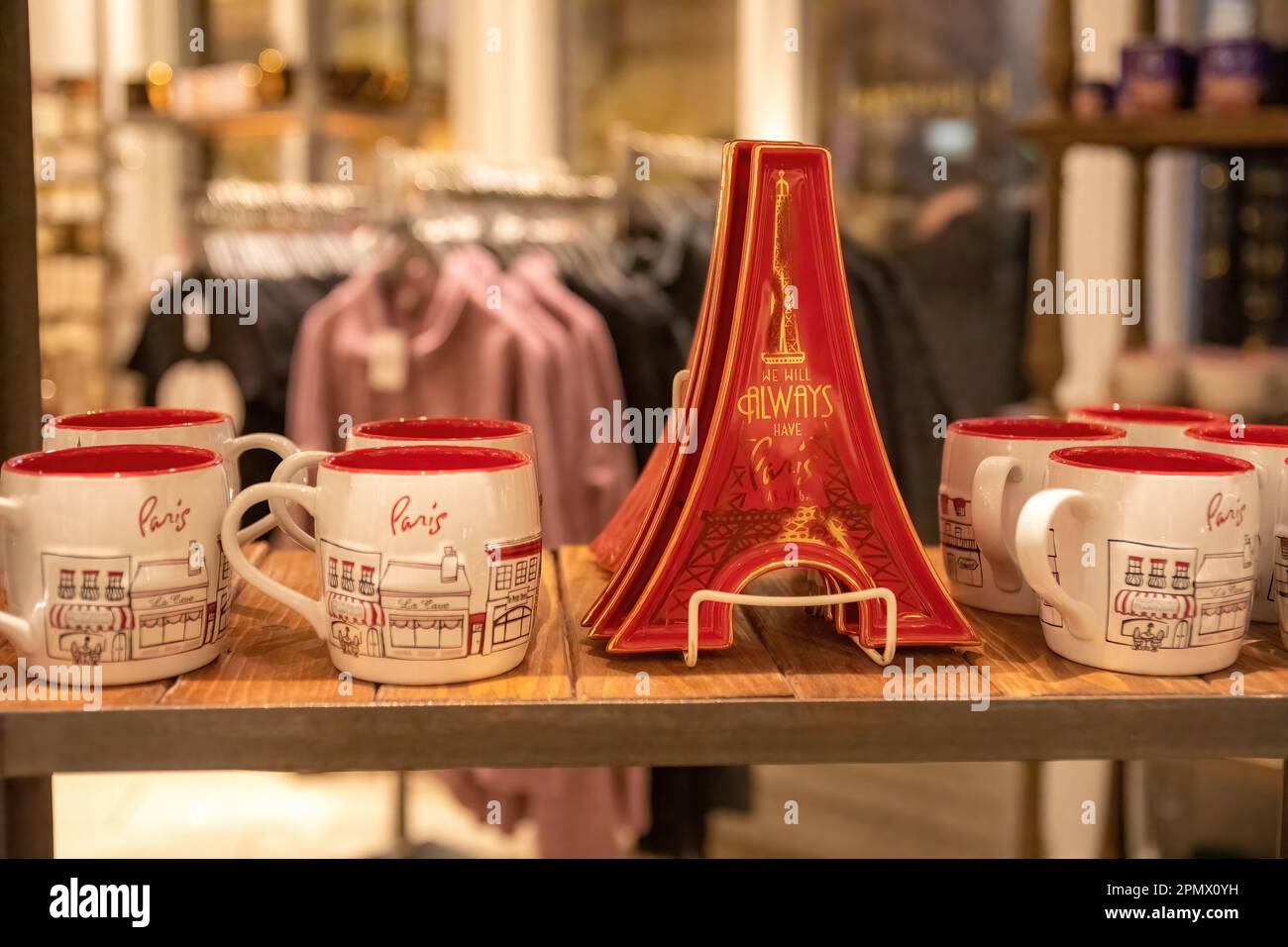 Gifts and souvenirs; cups with Paris street scene and Eiffel Tower trays, on sale at a gift shop at the Paris Hotel in Las Vegas, Nevada USA. Stock Photo