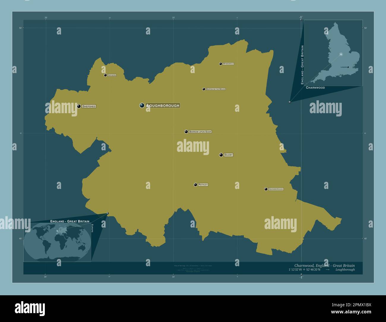 Charnwood, non metropolitan district of England - Great Britain. Solid color shape. Locations and names of major cities of the region. Corner auxiliar Stock Photo