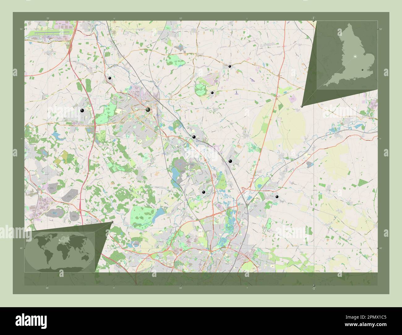 Charnwood, non metropolitan district of England - Great Britain. Open Street Map. Locations of major cities of the region. Corner auxiliary location m Stock Photo