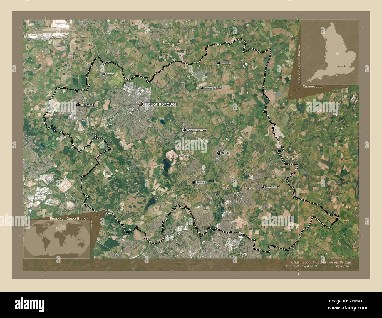 Charnwood, non metropolitan district of England - Great Britain. High resolution satellite map. Locations and names of major cities of the region. Cor Stock Photo