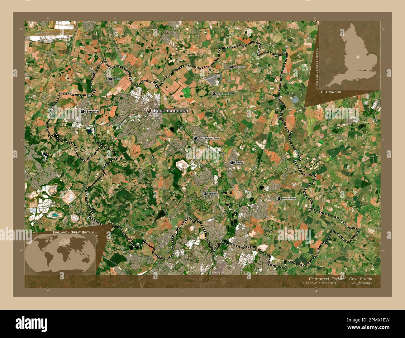 Charnwood, non metropolitan district of England - Great Britain. Low resolution satellite map. Locations and names of major cities of the region. Corn Stock Photo