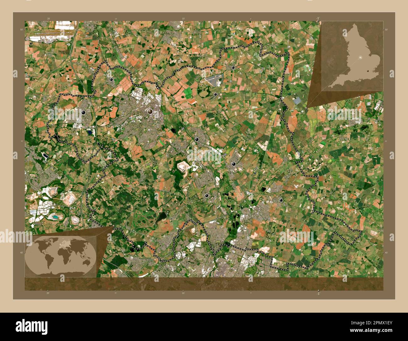Charnwood, non metropolitan district of England - Great Britain. Low resolution satellite map. Locations of major cities of the region. Corner auxilia Stock Photo