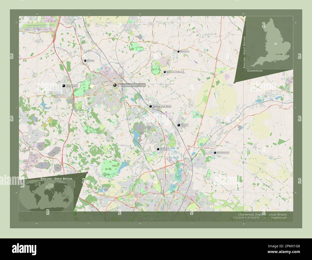 Charnwood, non metropolitan district of England - Great Britain. Open Street Map. Locations and names of major cities of the region. Corner auxiliary Stock Photo