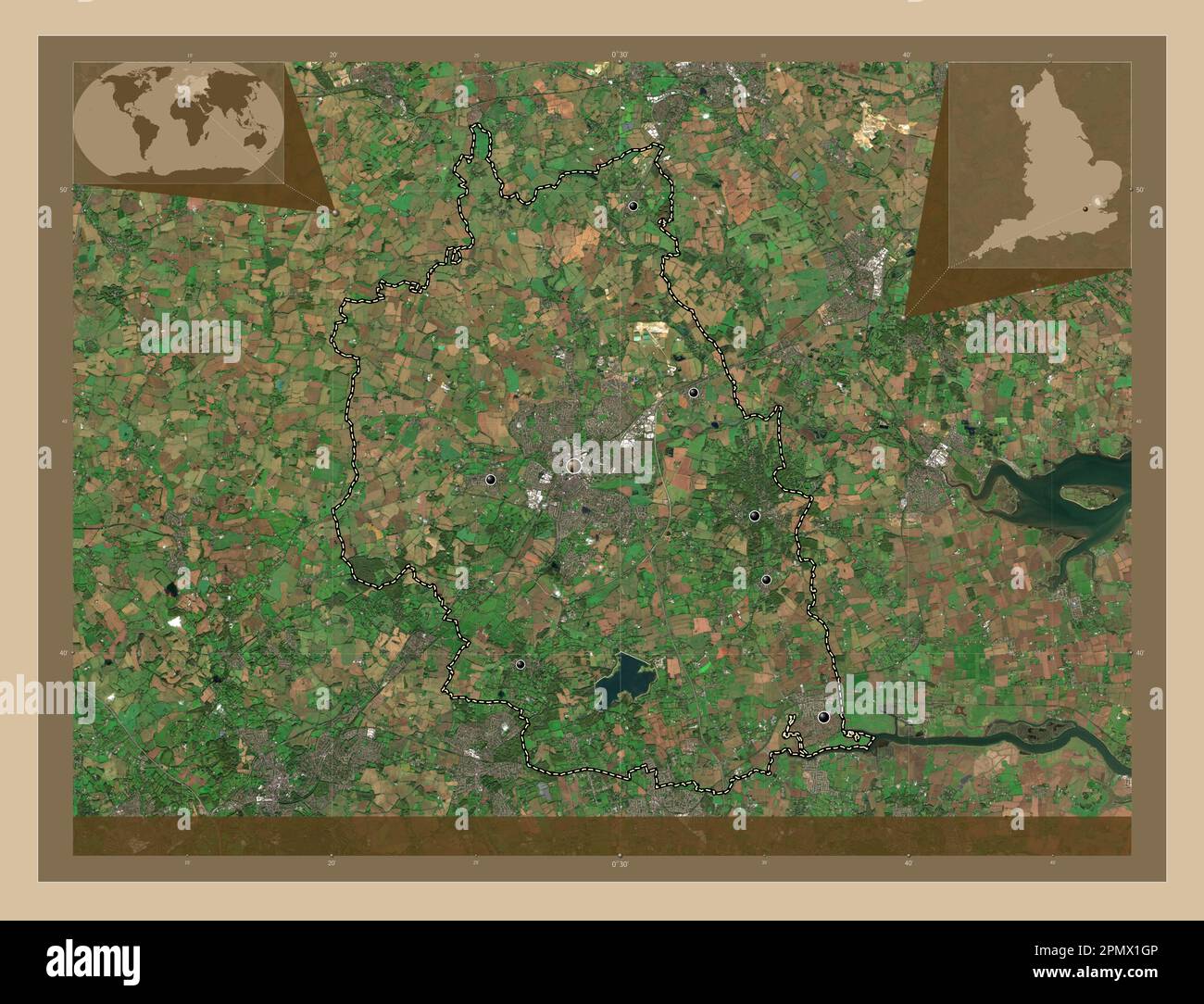 Chelmsford, non metropolitan district of England - Great Britain. Low resolution satellite map. Locations of major cities of the region. Corner auxili Stock Photo
