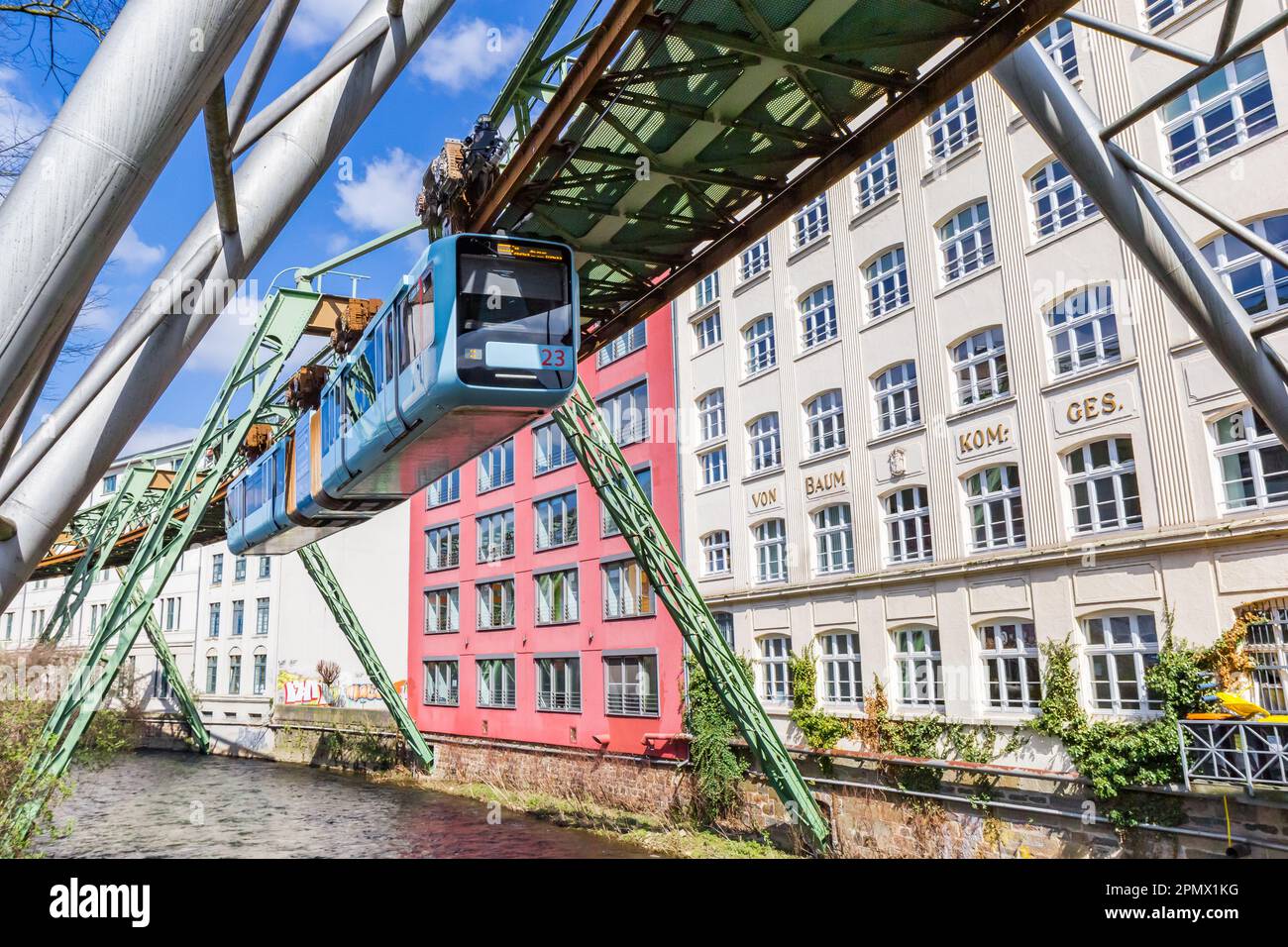 Monorail above the Wupper river in the center of Wuppertal, Germany ...