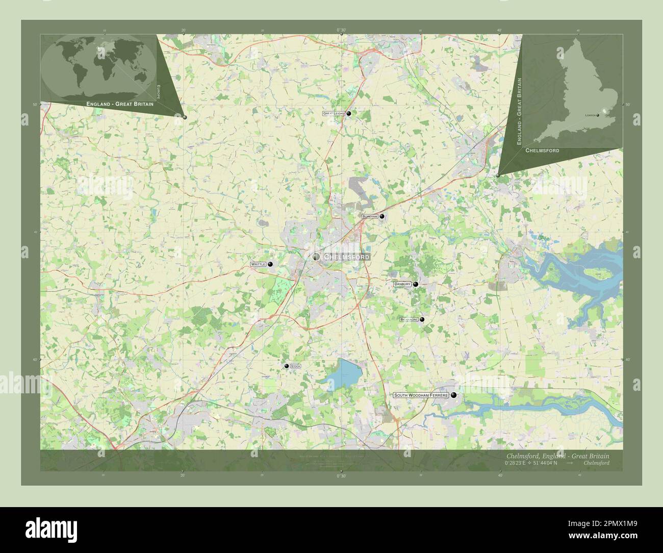 Chelmsford, non metropolitan district of England - Great Britain. Open Street Map. Locations and names of major cities of the region. Corner auxiliary Stock Photo