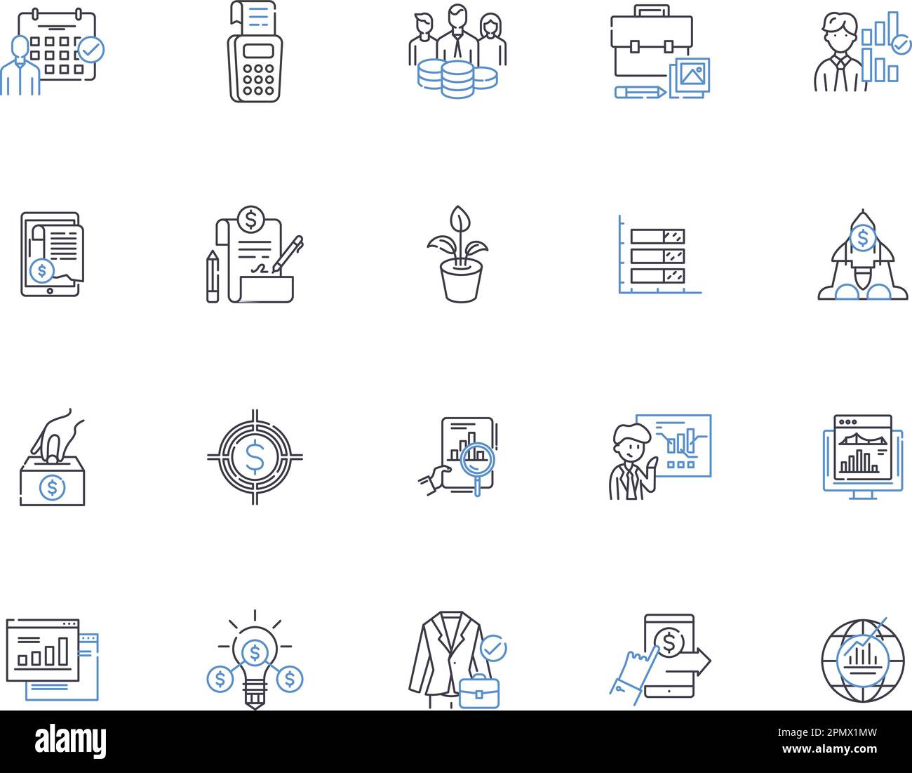 Accounting outline icons collection. Accounting, Bookkeeping, Reconciliation, Budgeting, Auditing, Taxes, CPA vector and illustration concept set Stock Vector