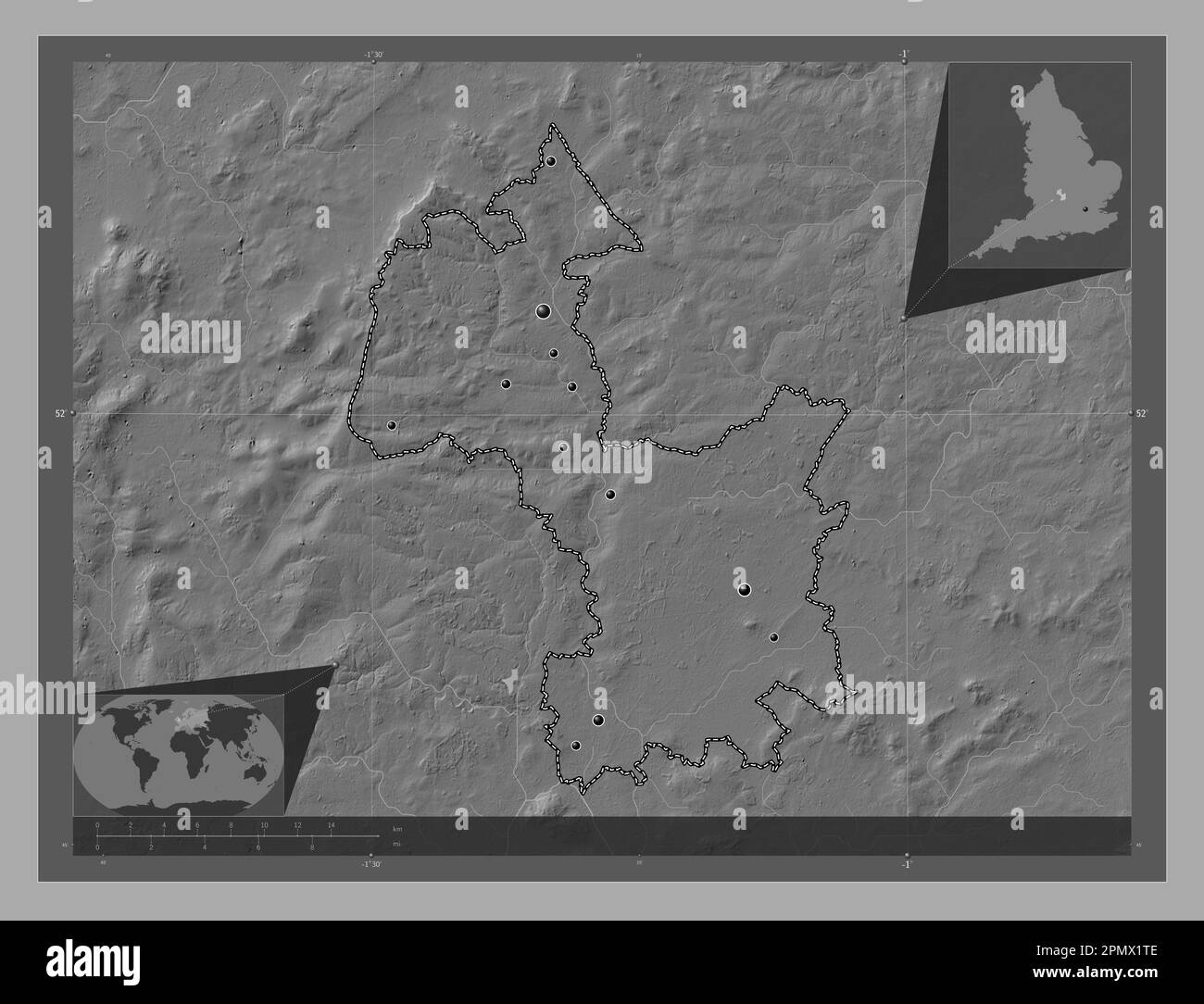 Cherwell, non metropolitan district of England - Great Britain. Bilevel elevation map with lakes and rivers. Locations of major cities of the region. Stock Photo