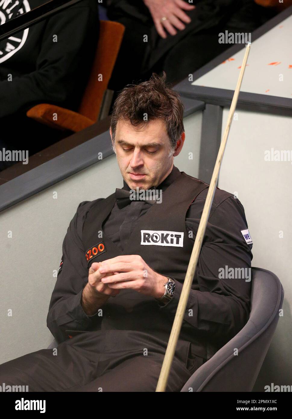 15th April 2023; The Crucible, Sheffield, England 2023 Cazoo World Snooker Championship, Day 1; Ronnie O Sullivan checks his fingers as he sits in his chair in his match verses Pang Junxu
