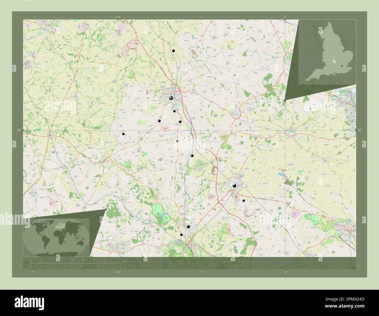 Cherwell, non metropolitan district of England - Great Britain. Open Street Map. Locations of major cities of the region. Corner auxiliary location ma Stock Photo