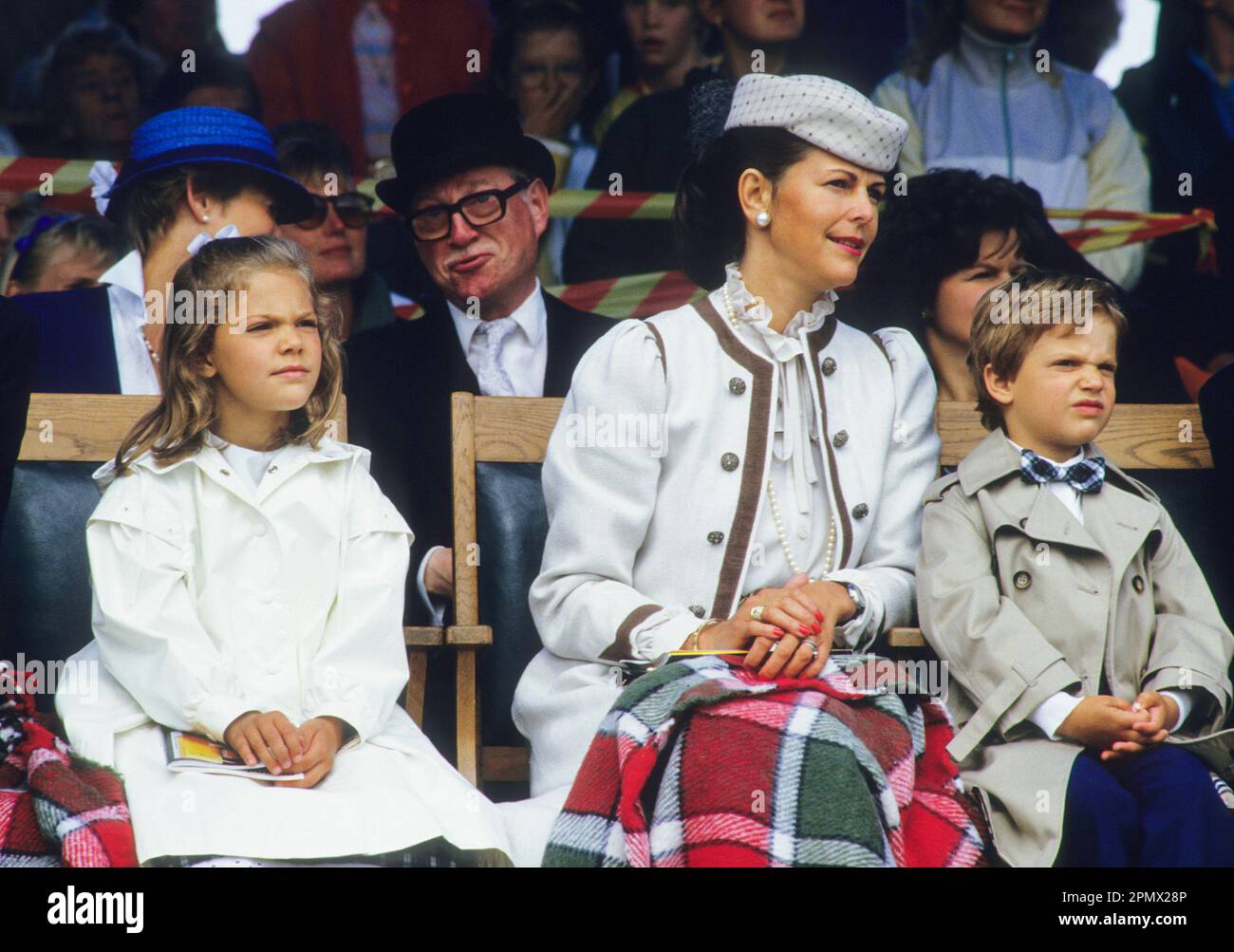 QUEEN SILVIA OF SWEDEN with prince Carl Philip and Crown Princess Victoria at equestrian competition in Stockholm Stock Photo