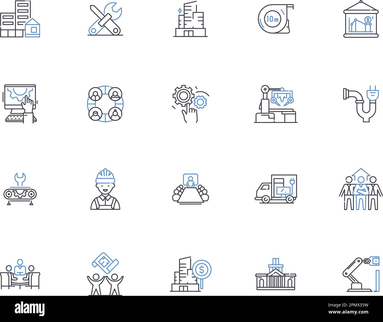 Factory outline icons collection. Factory, Manufacturing, Works, Plant, Warehouse, Manufacturing, Produce vector and illustration concept set Stock Vector