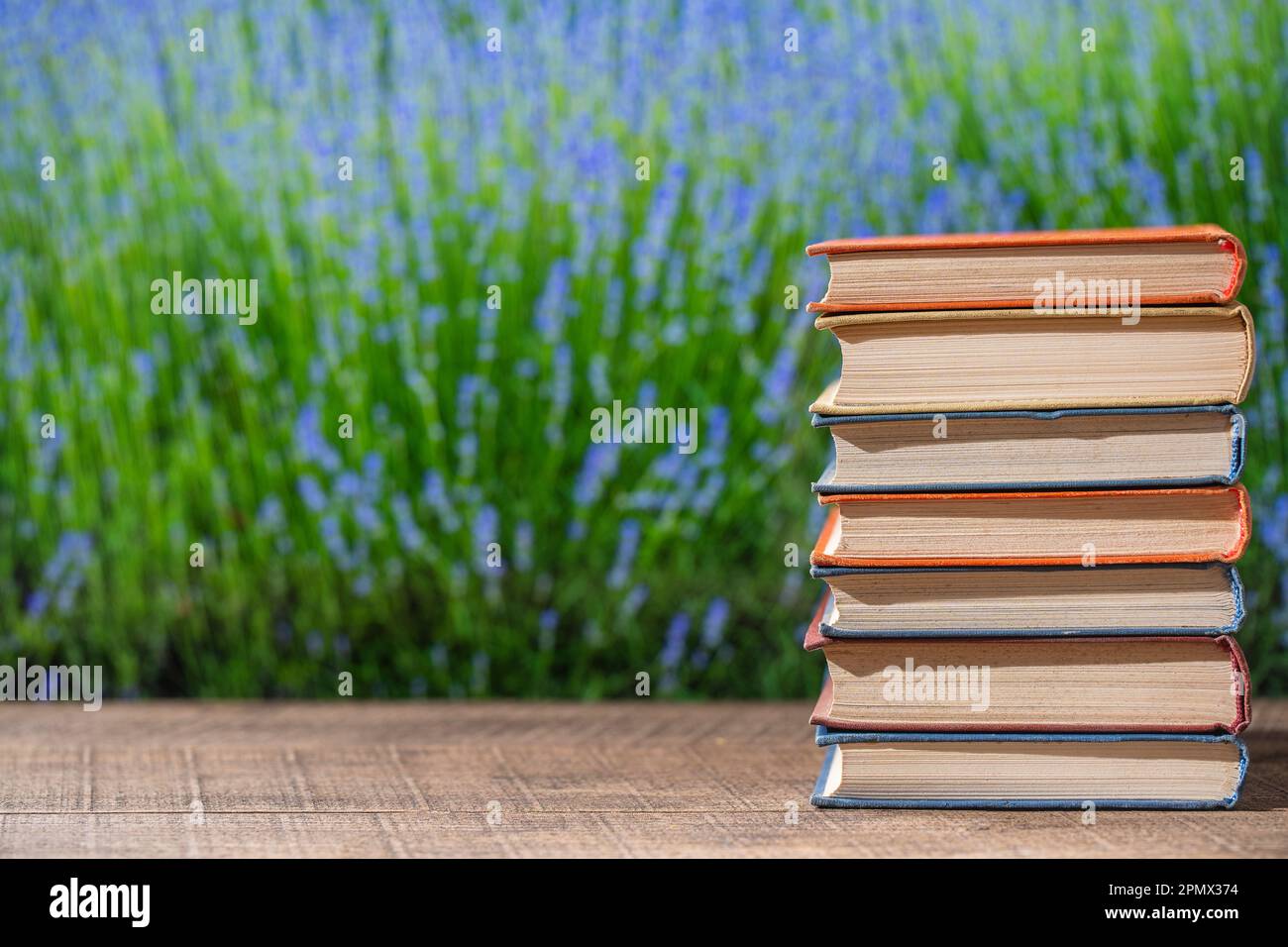 Closeup book stack in the library room and bookshelf for business and ...