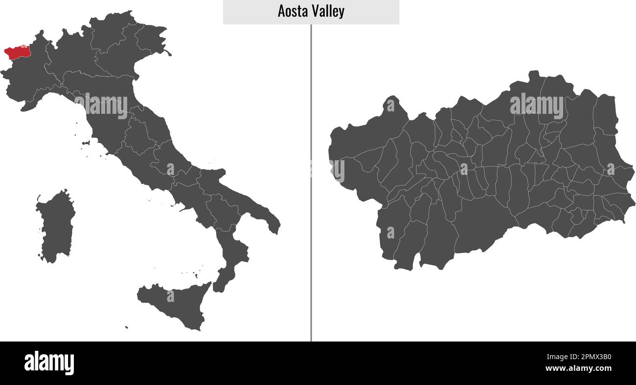 map of Aosta Valley province of Italy and location on Italian map Stock