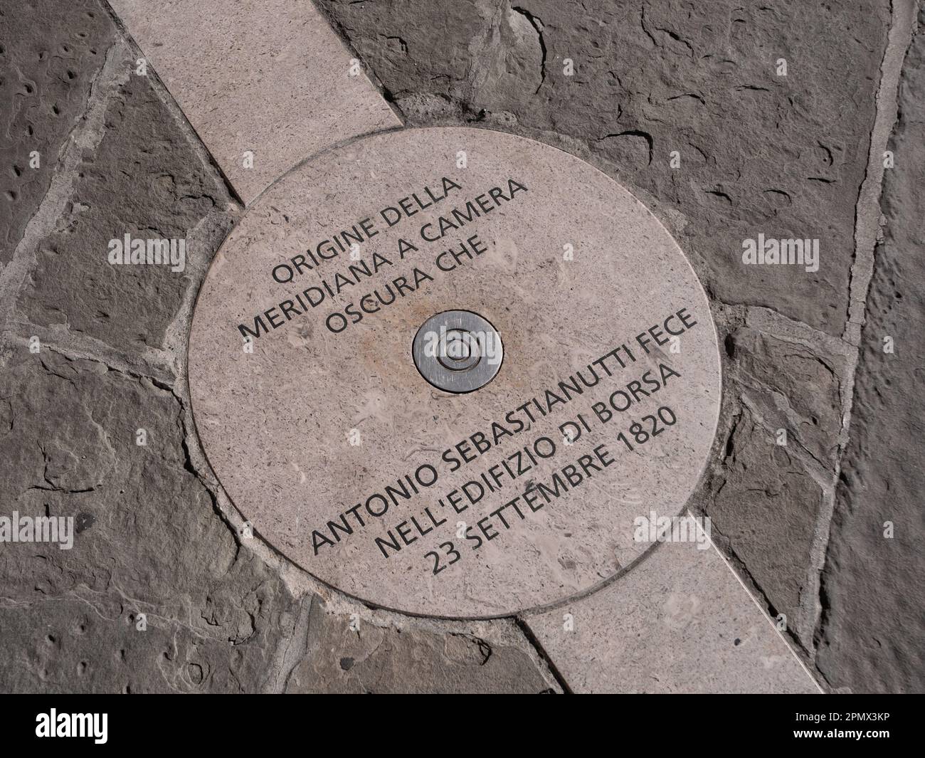 Trieste Meridian Marking the Origin of the Sundial of the Camera Obscura in the Chamber of Commerce Stock Photo