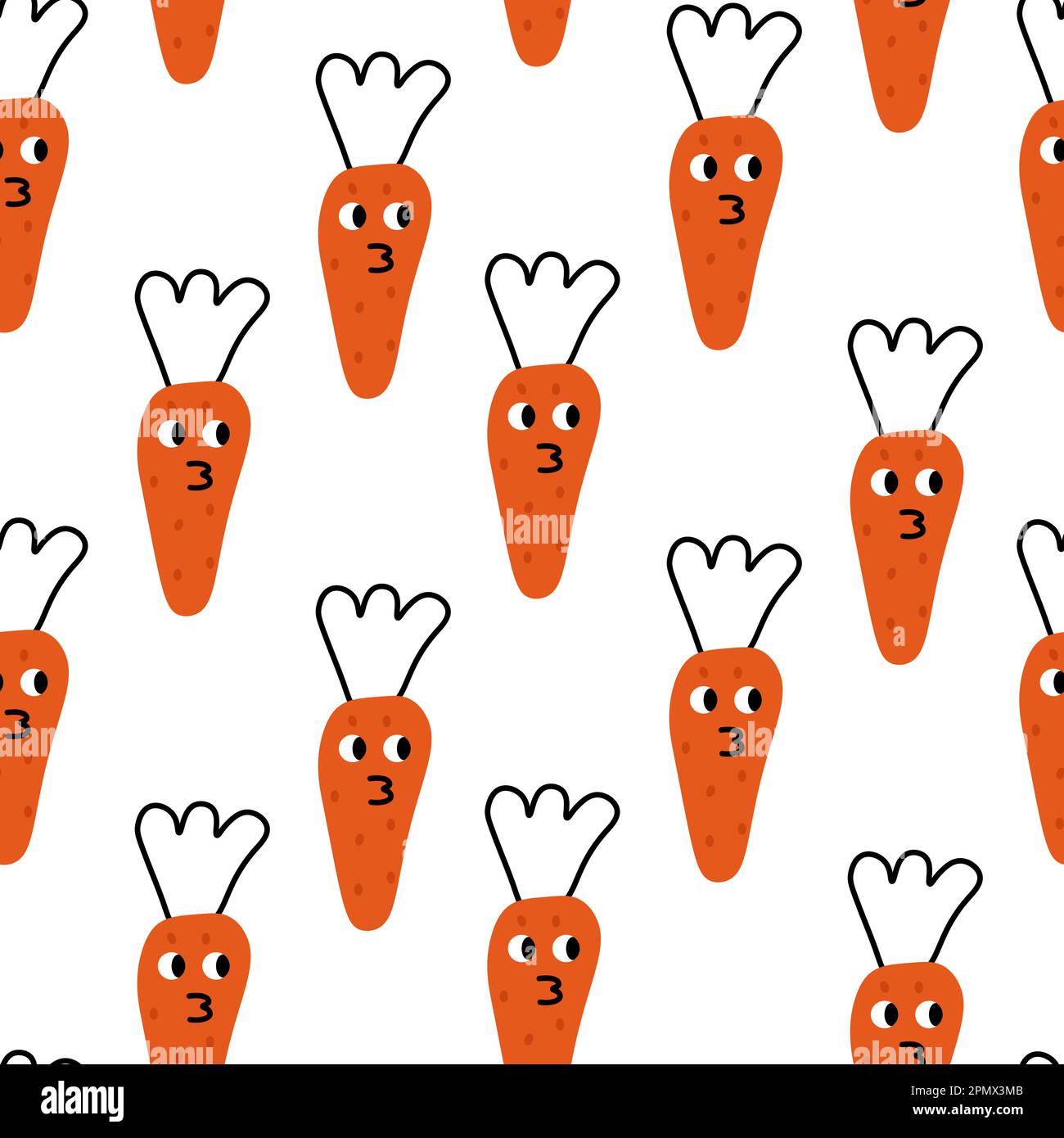 Seamless doodle funny carrots pattern. Scandinavian endless pattern with line art decorations. Stock Vector