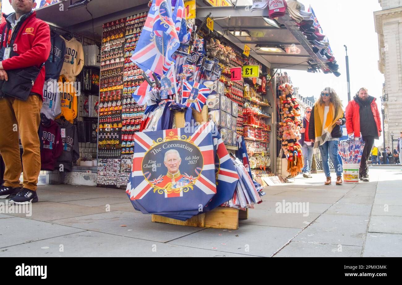 London, UK. 15th April 2023. Coronation souvenirs on sale in Central London as preparations for the coronation of King Charles III, which takes place on May 6th, continue around London.  Credit: Vuk Valcic/Alamy Live News Stock Photo