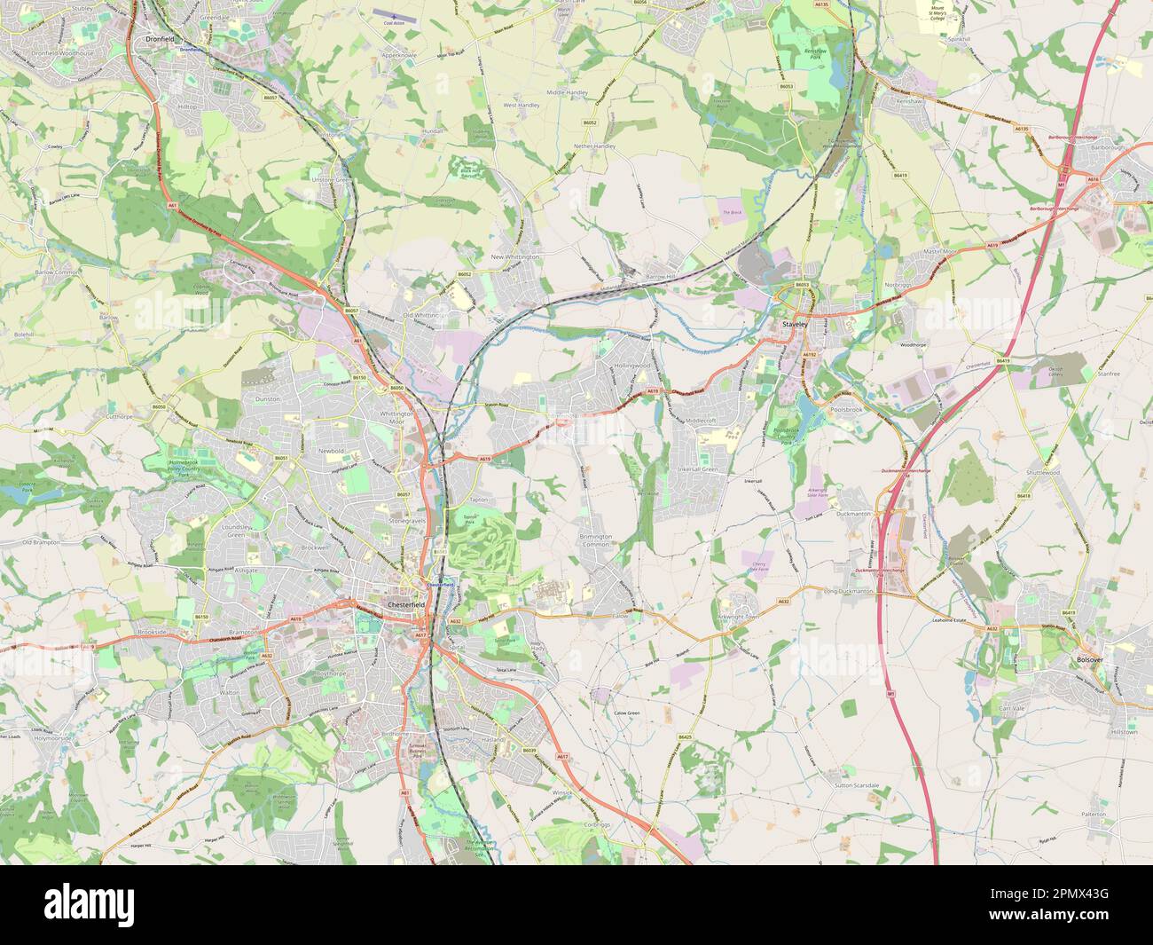 Chesterfield, non metropolitan district of England - Great Britain. Open Street Map Stock Photo