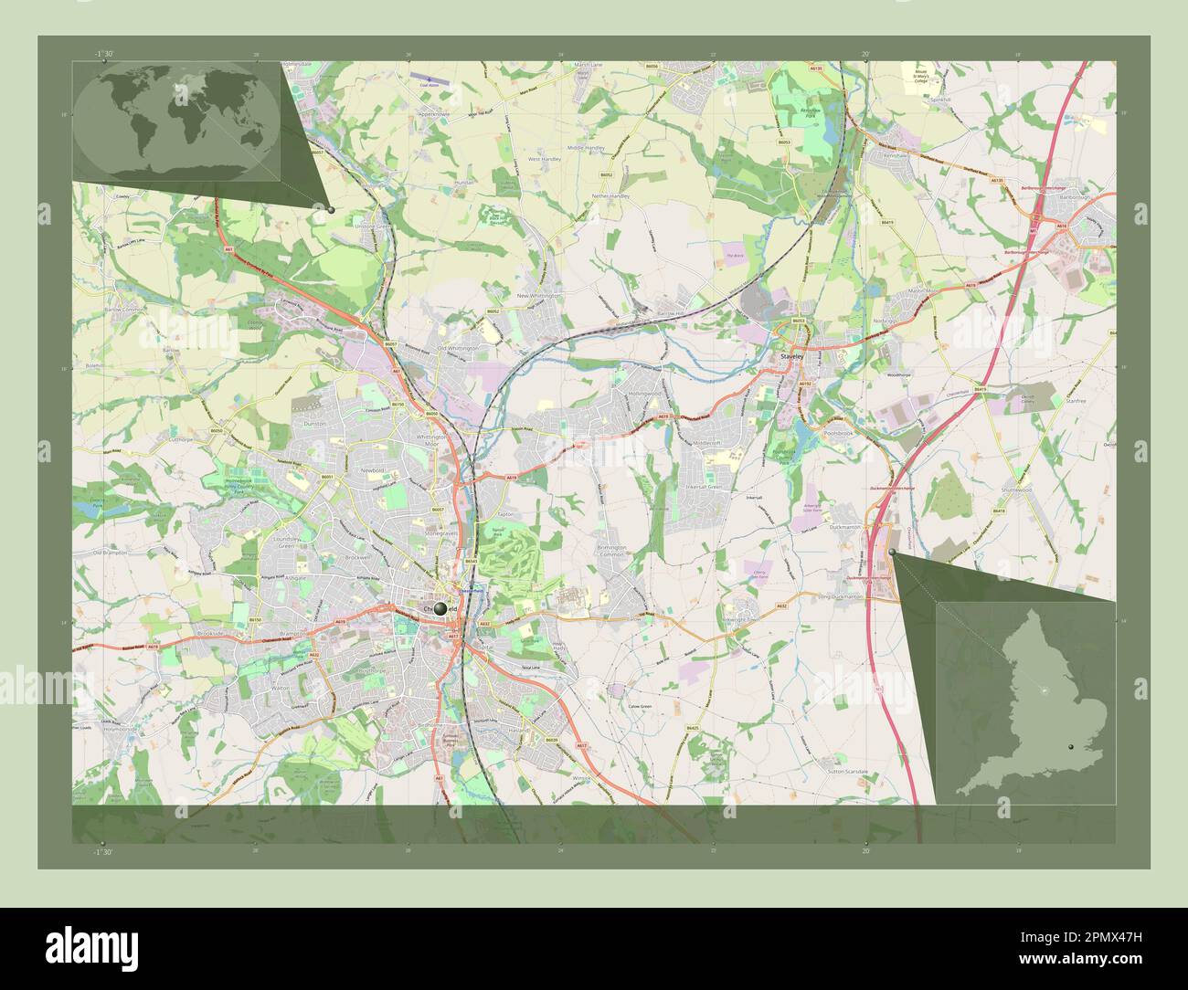 Chesterfield, non metropolitan district of England Great Britain. Open Street Map. Corner