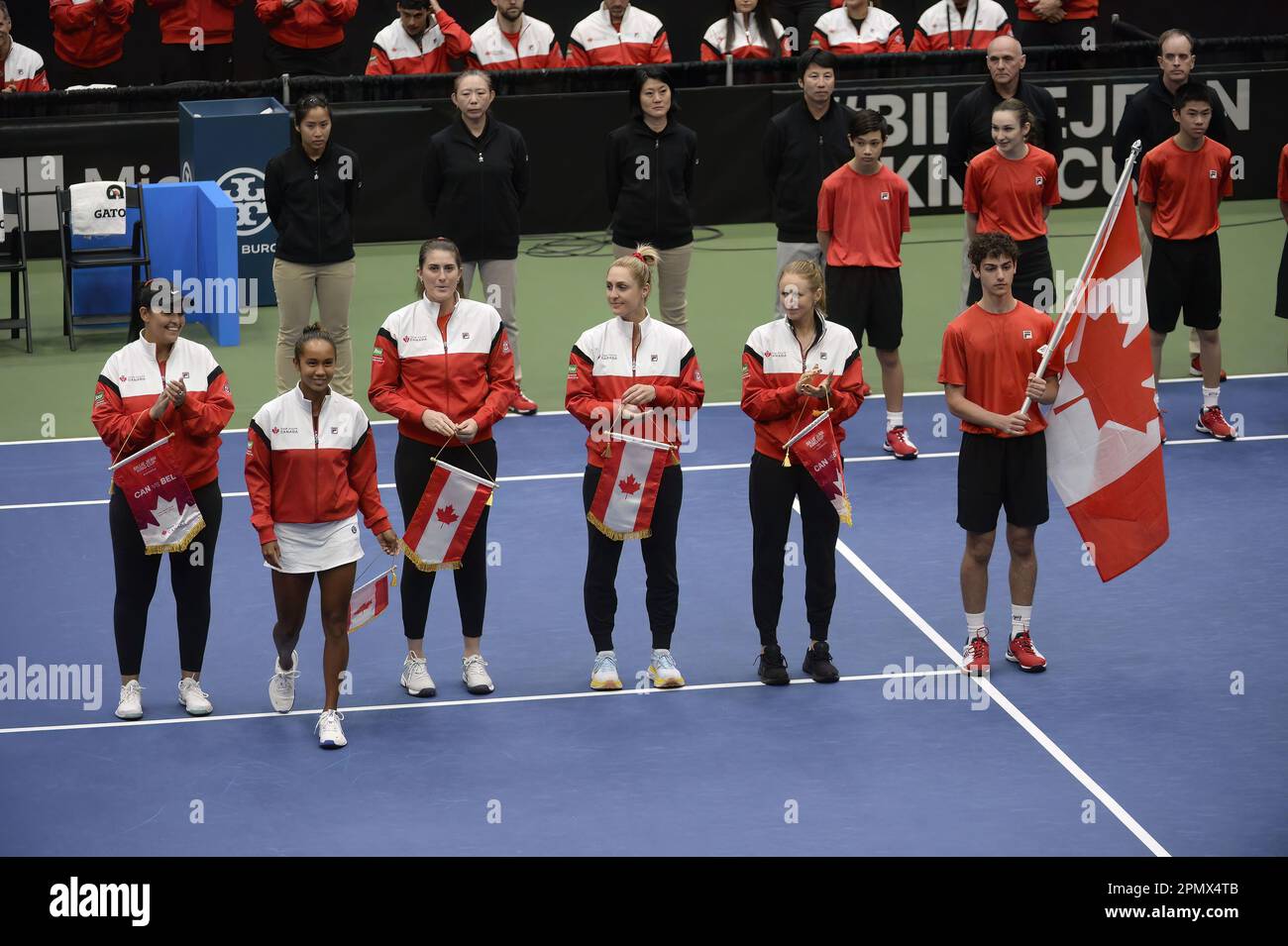 Vancouver, Canada. 14th Apr, 2023. Team Canada stands for the National Anthem prior to the start of the first match at the meeting between Canada and Belgium, in the qualifiers for the Billie Jean King Cup tennis in Vancouver, Canada, on Friday 14 April 2023. BELGA PHOTO ANNE-MARIE SORVIN Credit: Belga News Agency/Alamy Live News Stock Photo