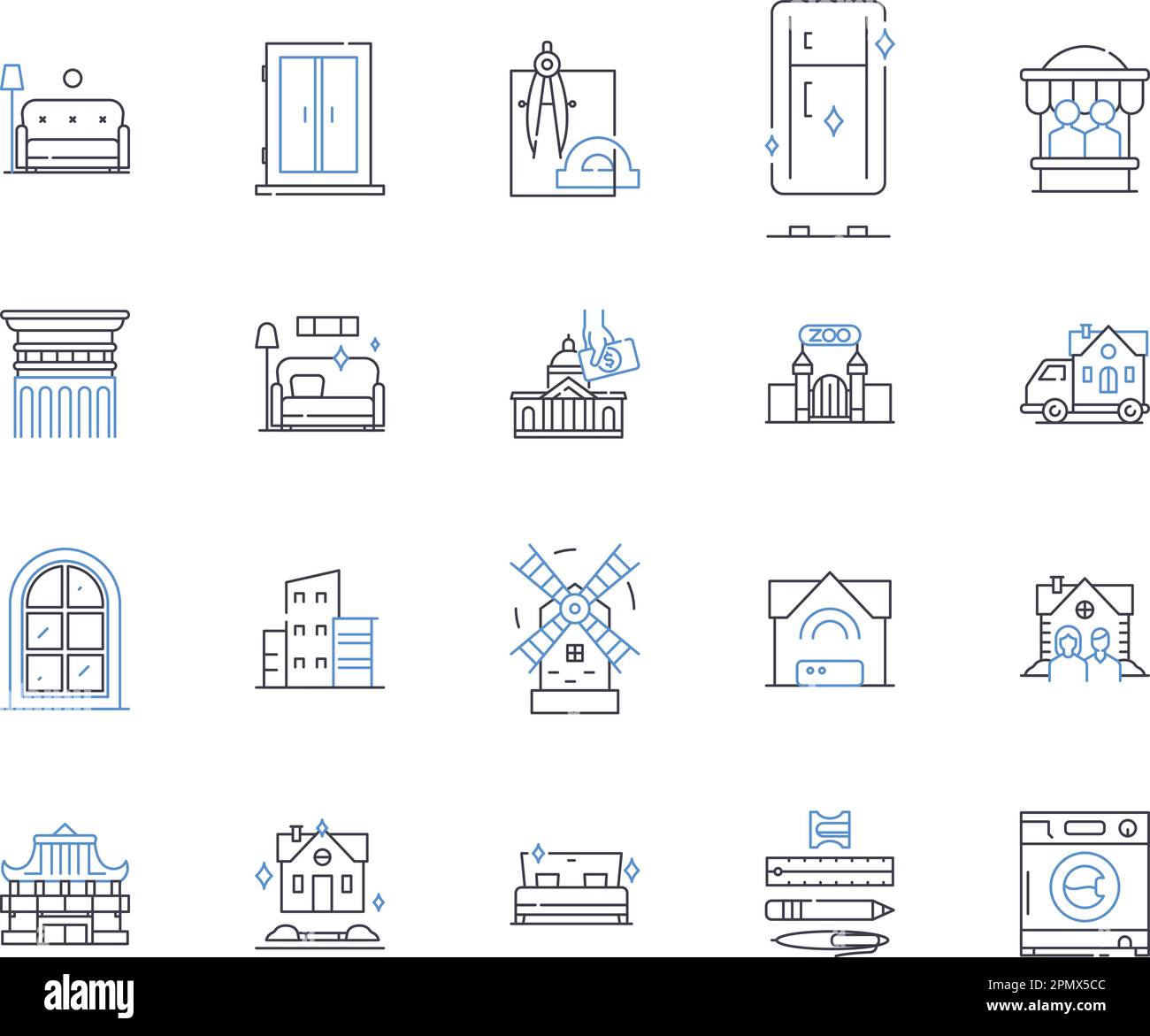 Houses and household outline icons collection. House, Household, Home, Dwelling, Residence, Abode, Villa vector and illustration concept set. Cottage Stock Vector