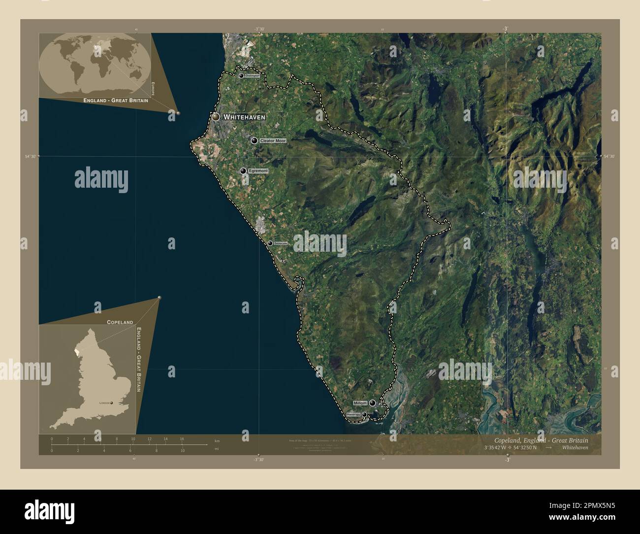 Copeland, non metropolitan district of England Great Britain. High resolution satellite map