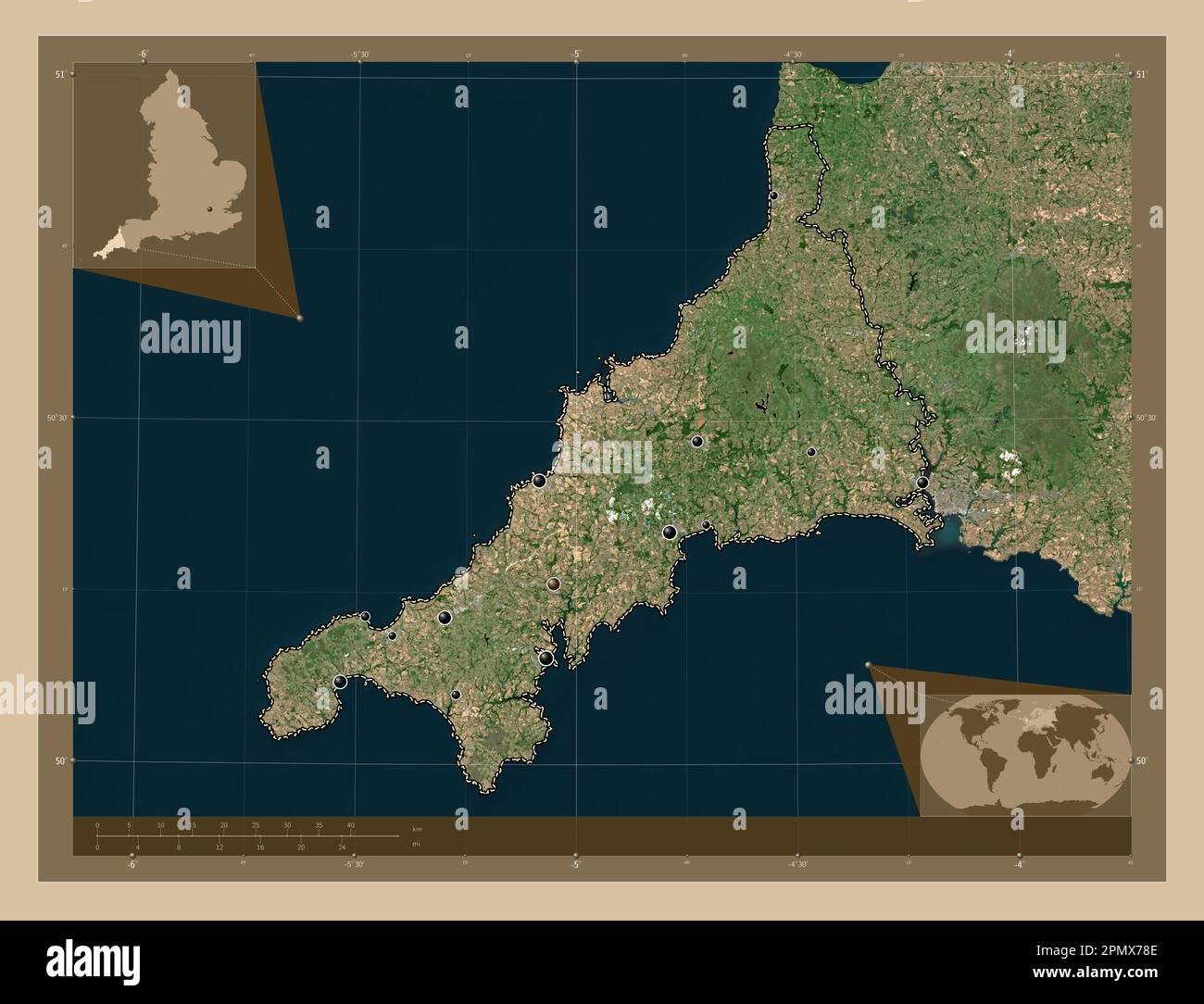 Cornwall, administrative county of England - Great Britain. Low resolution satellite map. Locations of major cities of the region. Corner auxiliary lo Stock Photo