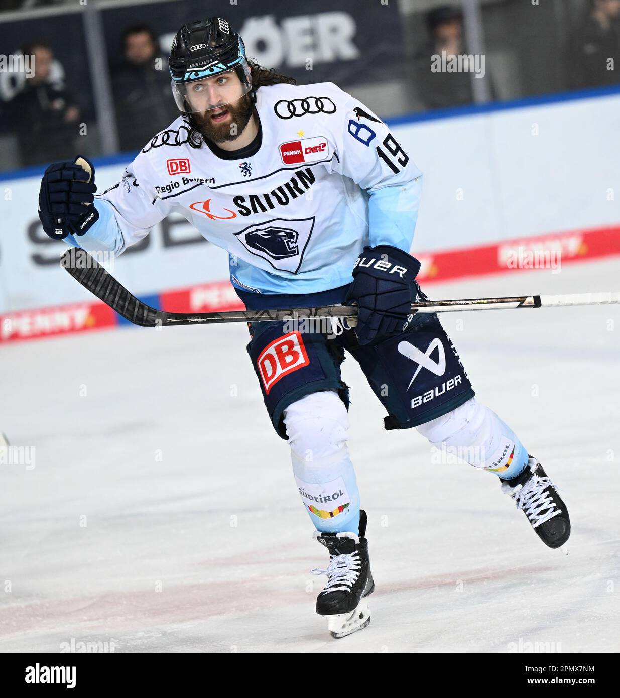 Munich, Germany. 14th Apr, 2023. Ice hockey: DEL, EHC Red Bull München -  ERC Ingolstadt, championship round, final, matchday 1,  Olympia-Eissportzentrum. Emil Johansson of Ingolstadt in action. Credit:  Sven Hoppe/dpa/Alamy Live News