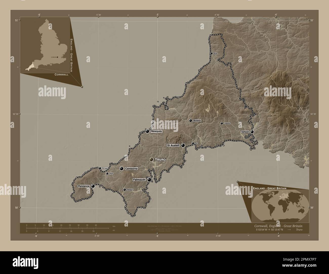 Cornwall, administrative county of England - Great Britain. Elevation map colored in sepia tones with lakes and rivers. Locations and names of major c Stock Photo