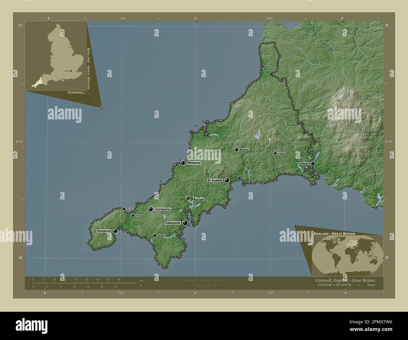 Cornwall, administrative county of England Great Britain. Elevation map colored in wiki style