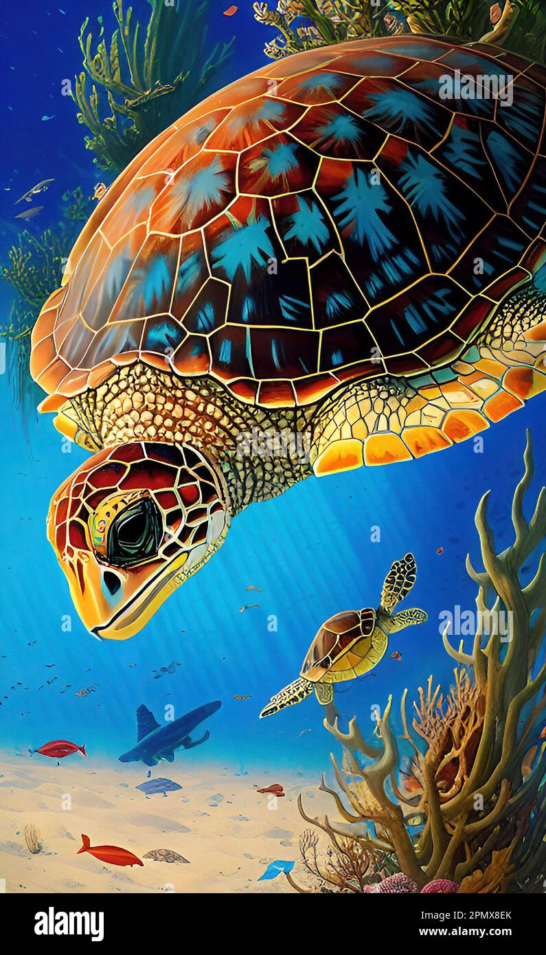 Sea turtle swimming underwater art hi-res stock photography and images ...
