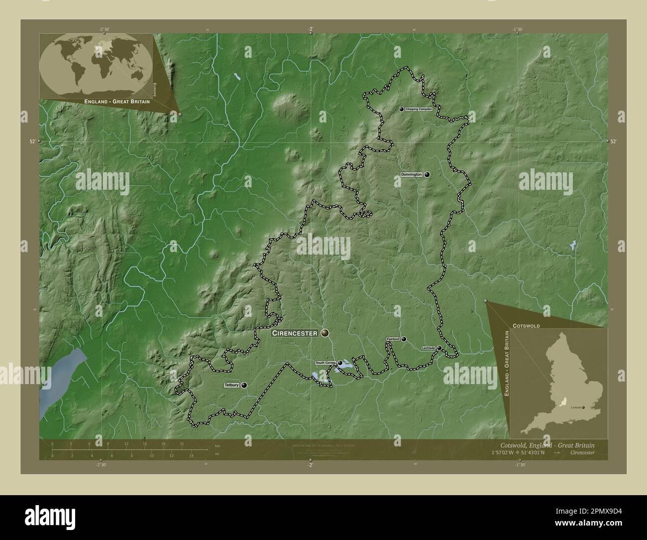 Cotswold, non metropolitan district of England Great Britain. Elevation map colored in wiki