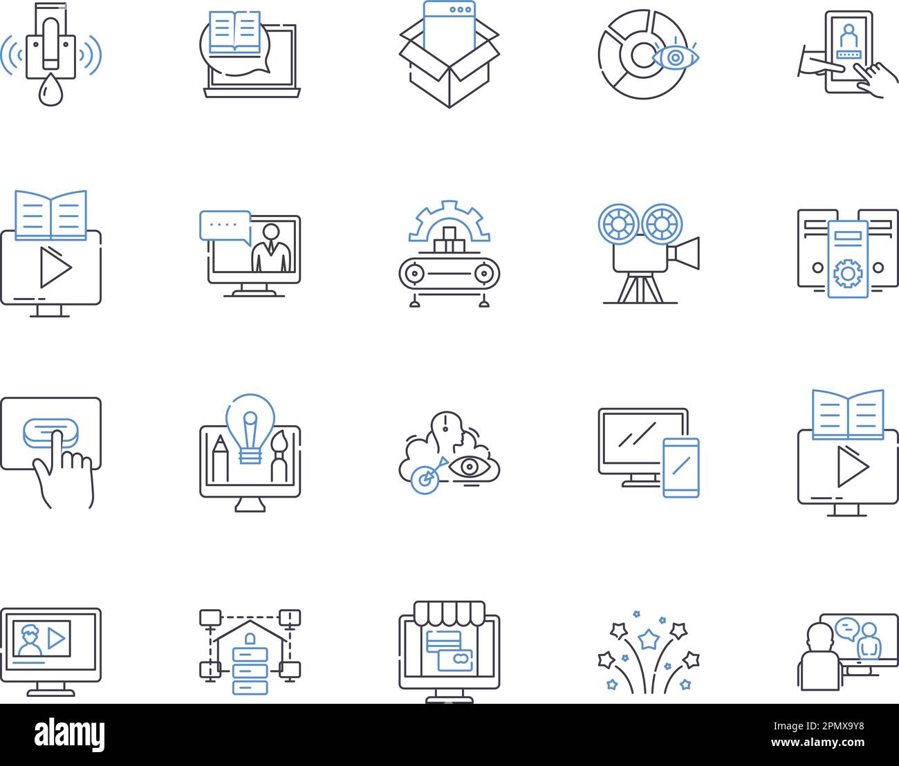 Media technologies outline icons collection. Multimedia, Broadcasting, Streaming, Video, Audio, Graphics, Webcast vector and illustration concept set Stock Vector