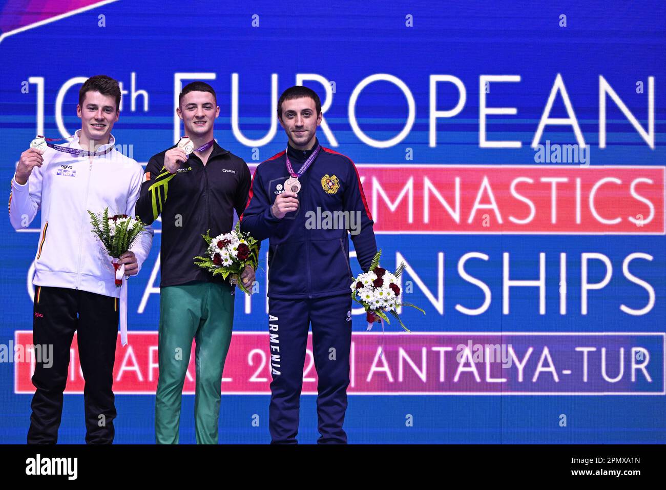 Antalya, Turkey. 15th Apr, 2023. Belgian gymnast Maxime Gentges, Irish gymnast Rhys Mc Clenaghan and Armenian gymnast Artur Davtyan pictured on the podium after the pommel horse exercise, in the men's apparatus finals, on the fifth day of the European Championships Gymanstics in Antalya, Turkey, Saturday 15 April 2023. The EC are taking place from 11 to 16 April 2023. BELGA PHOTO LAURIE DIEFFEMBACQ Credit: Belga News Agency/Alamy Live News Stock Photo