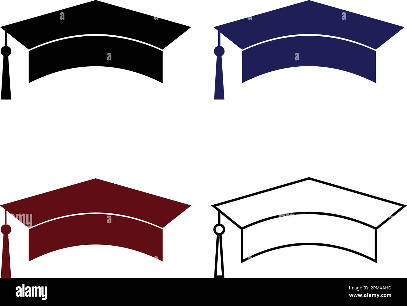 Set of graduation cap, student hat, bachelor cap icons, flat vector icon illustration. Black, blue, red symbol on white background. Stock Vector