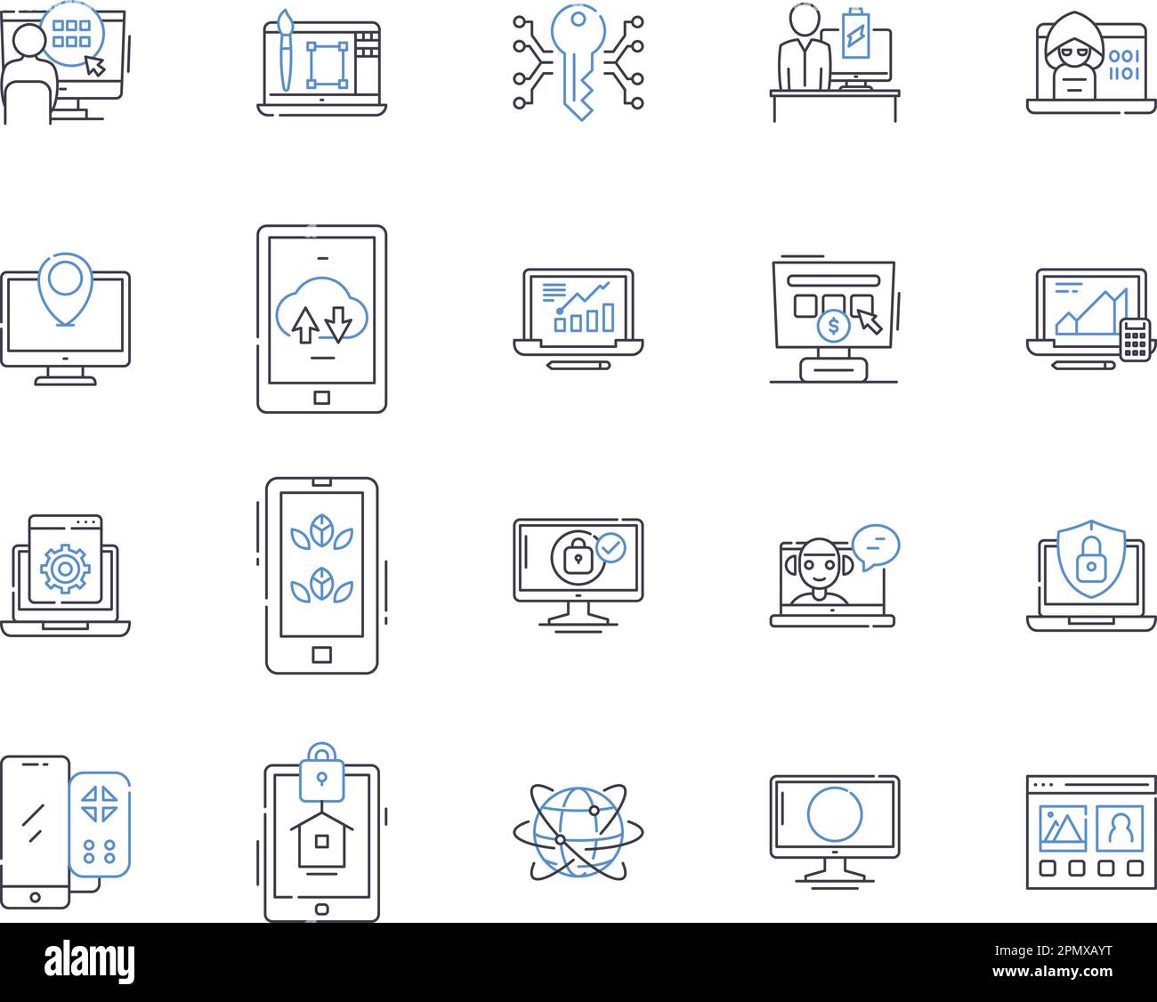 Gadjets and software outline icons collection. Gadgets, Software, Electronics, Technology, Computers, Phones, Tablets vector and illustration concept Stock Vector