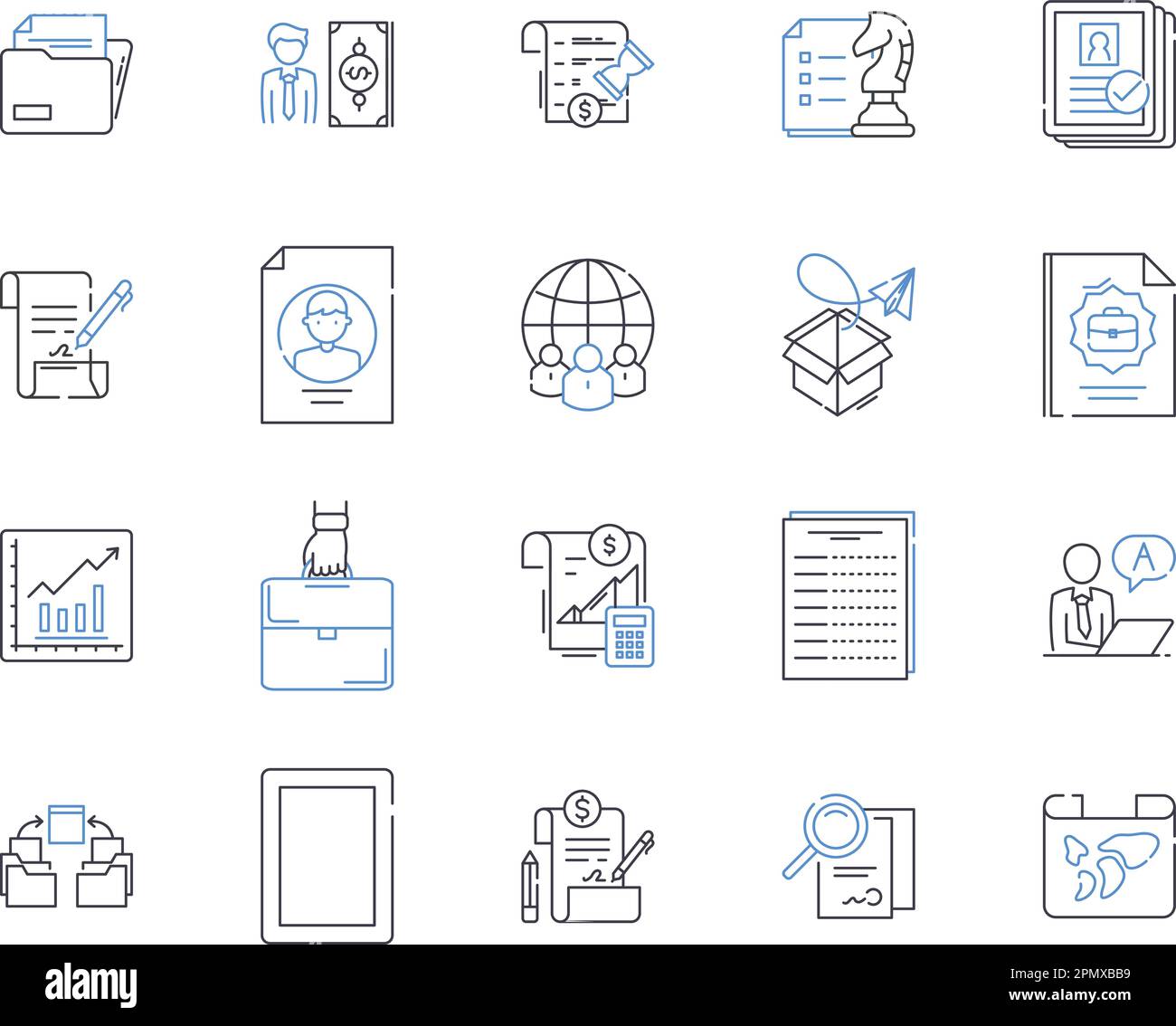 Document processing outline icons collection. Documentation, Processing, Editing, Scanning, Creating, Sharing, Formatting vector and illustration Stock Vector