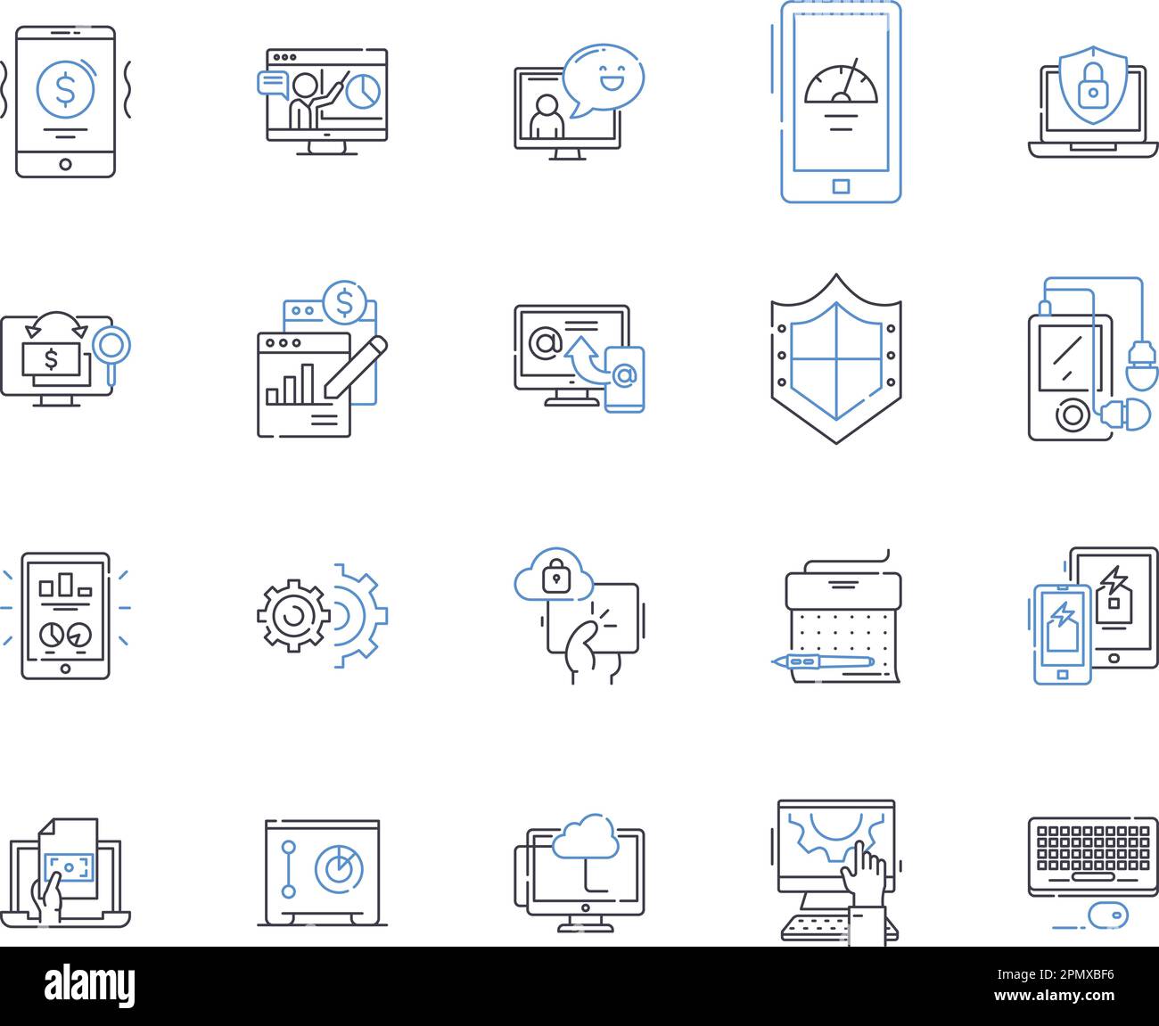 Gadjets and software outline icons collection. Gadgets, Software, Electronics, Technology, Computers, Phones, Tablets vector and illustration concept Stock Vector