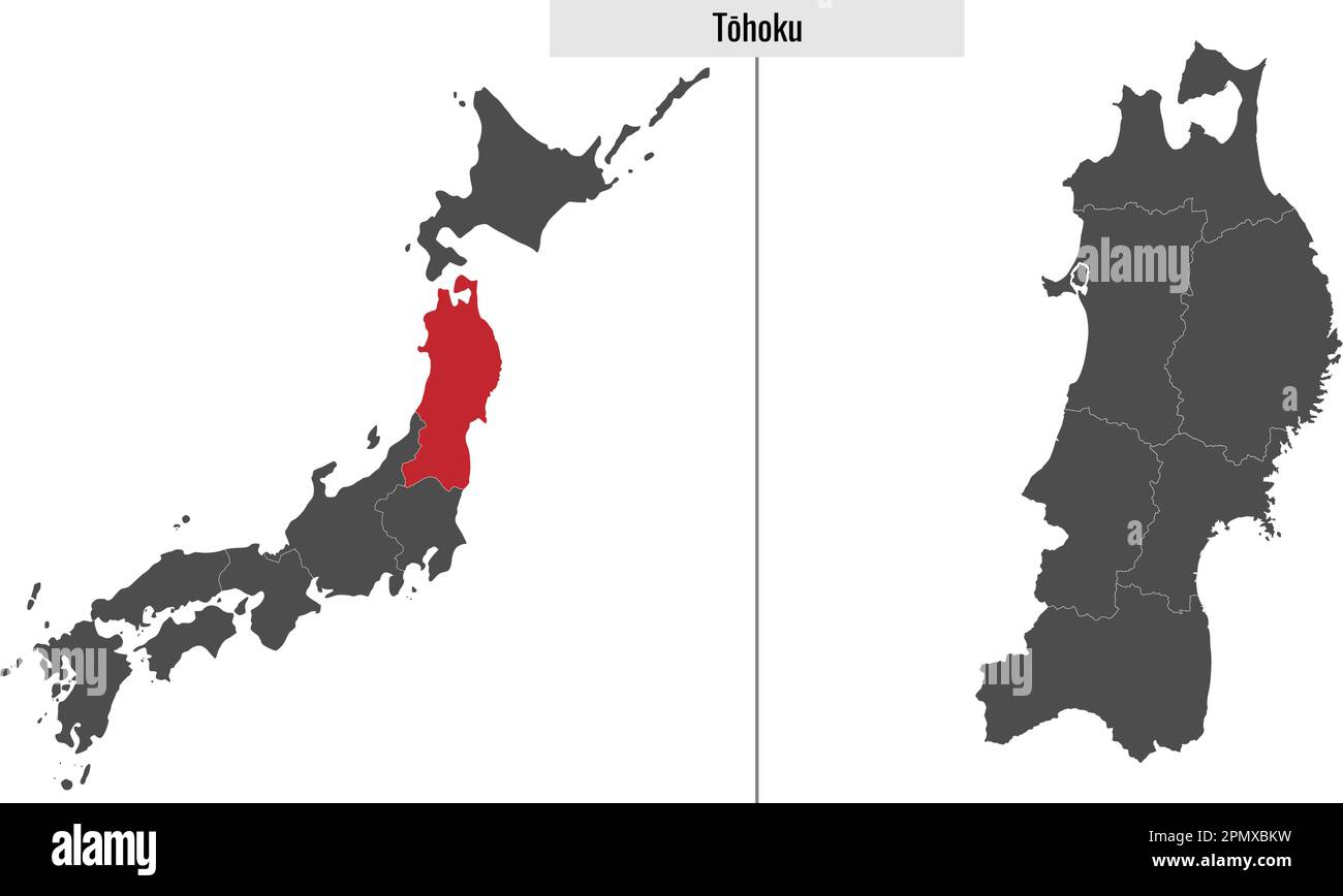 map of Tohoku region of Japan and location on Japanese map Stock Vector